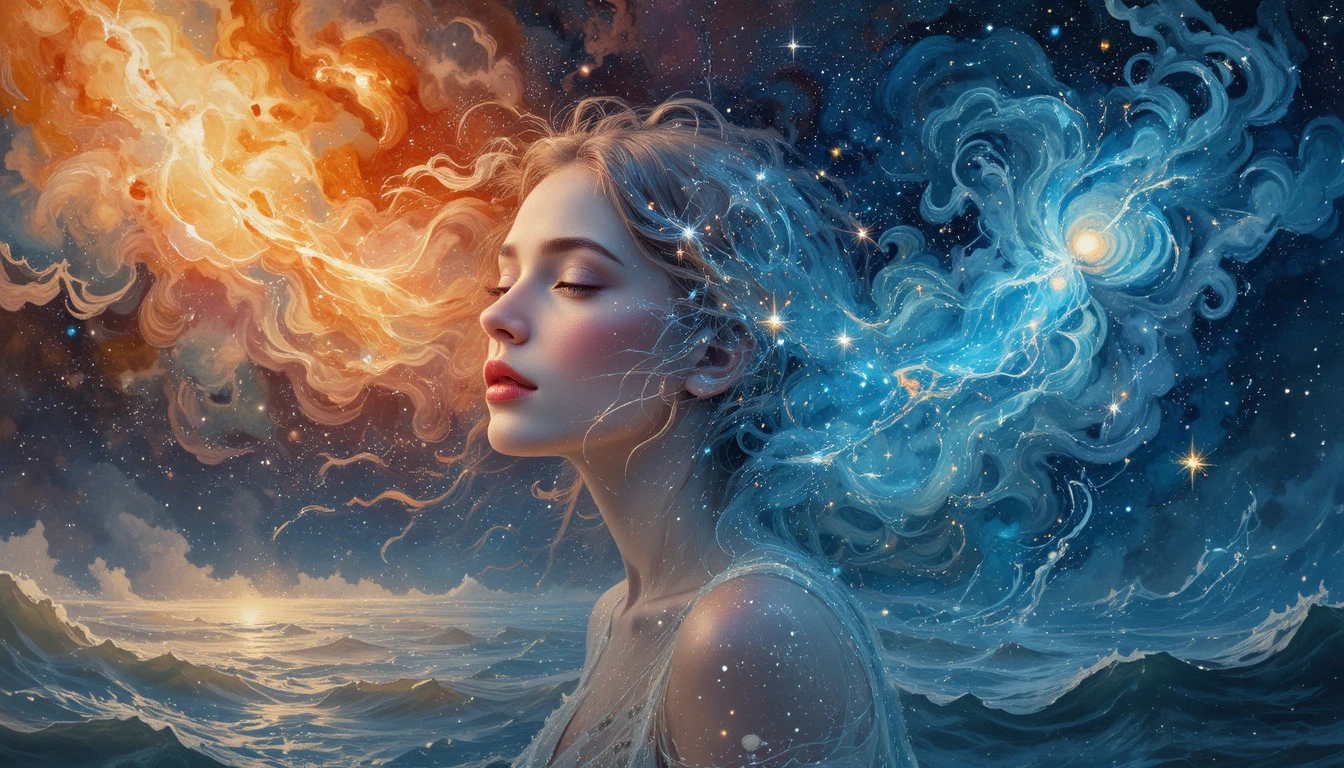 Ethereal woman with starlight hair over a cosmic sea