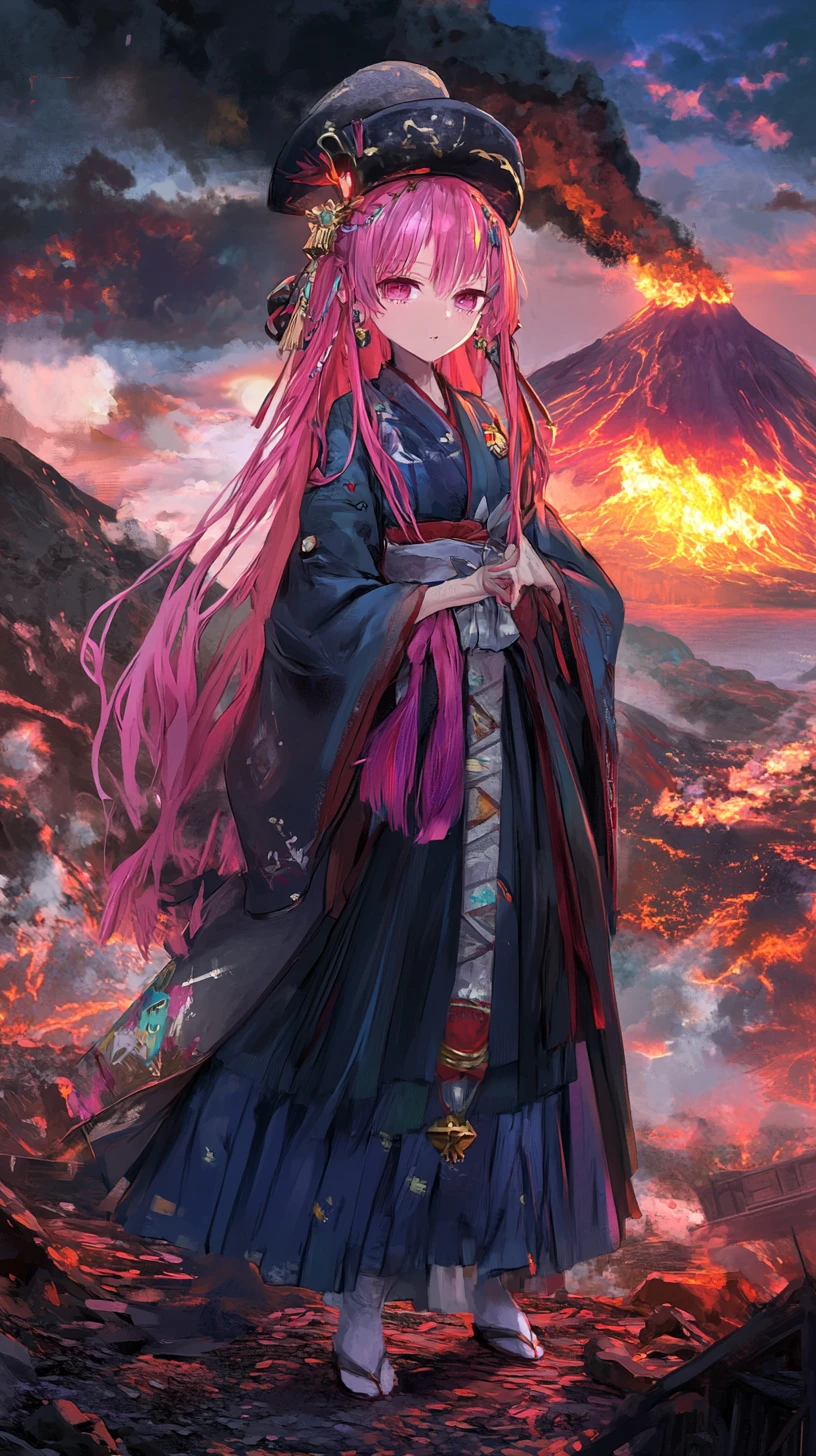 Anime girl in a shattered volcanic world of glowing triangles