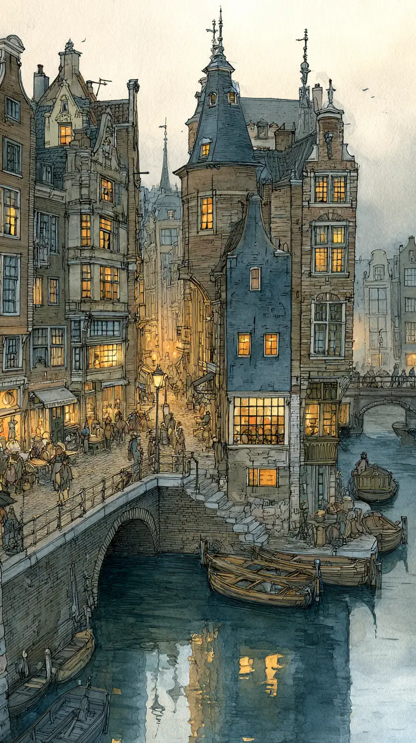 Medieval canal town at dusk with glowing windows and bridges