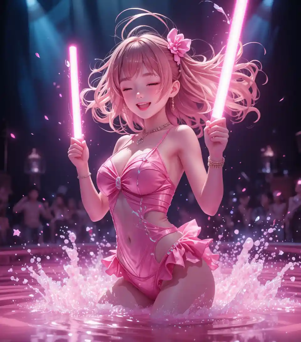 Anime girl dancing with glowing lightsticks on stage