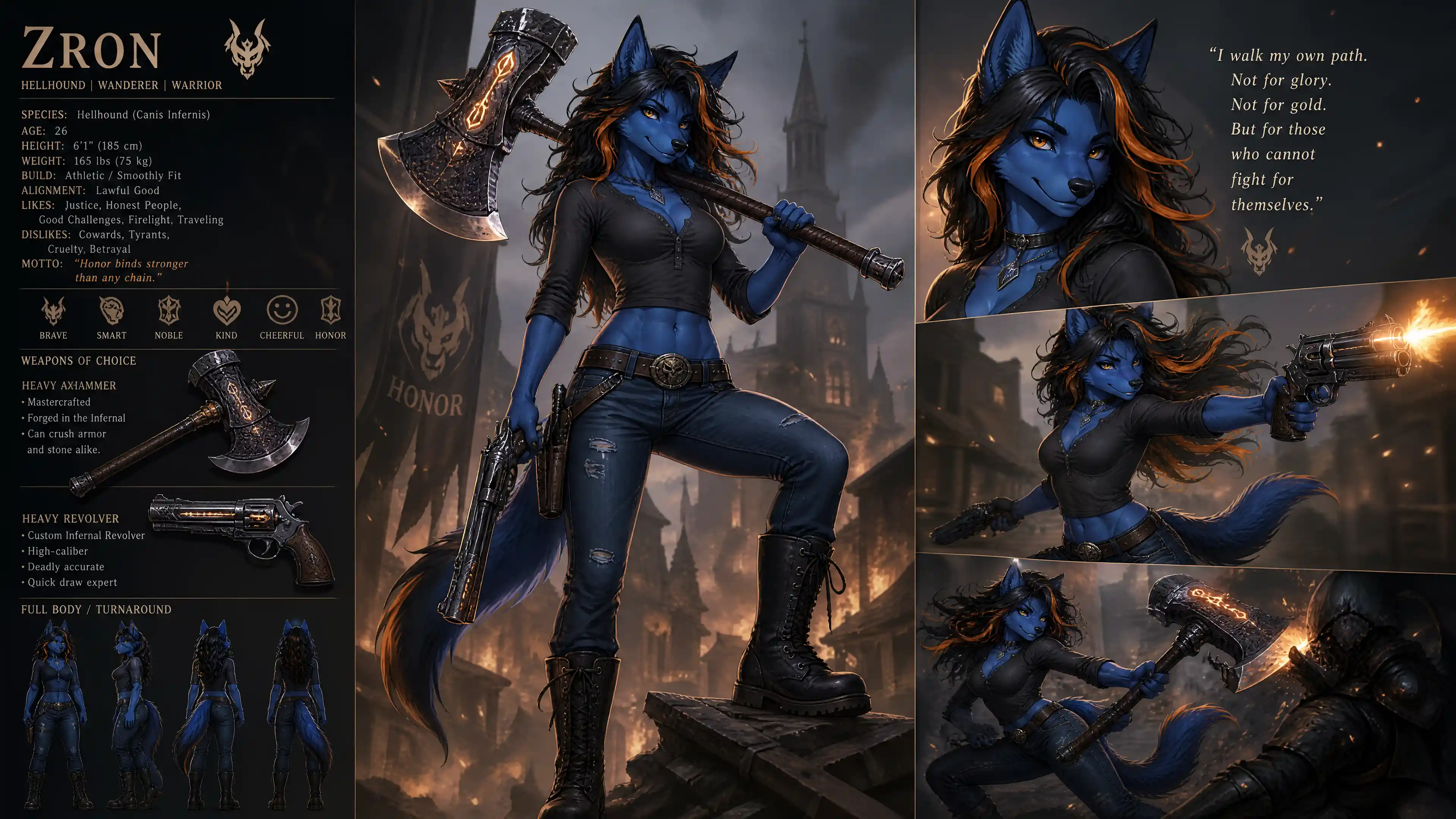 Blue fur hellhound warrior woman with axe and revolver