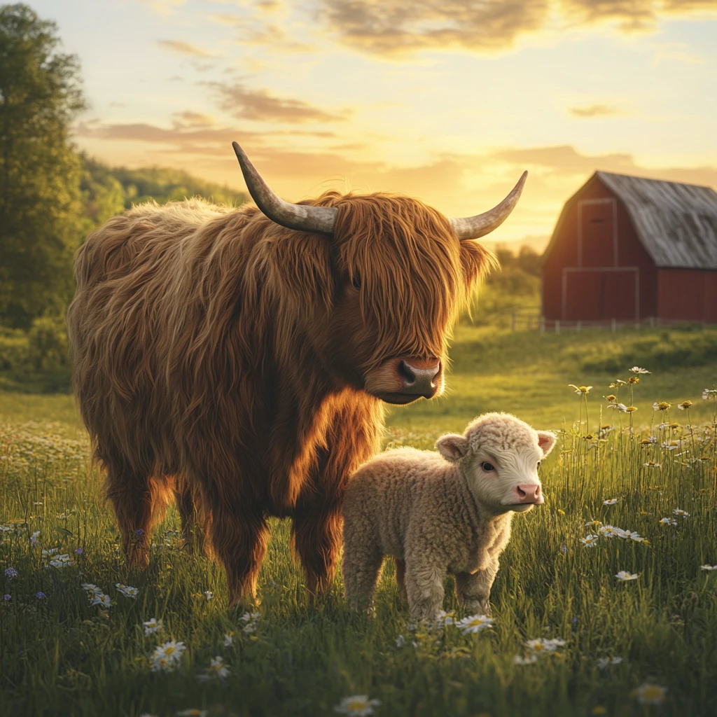 Highland calf nursing from mother in golden farm field