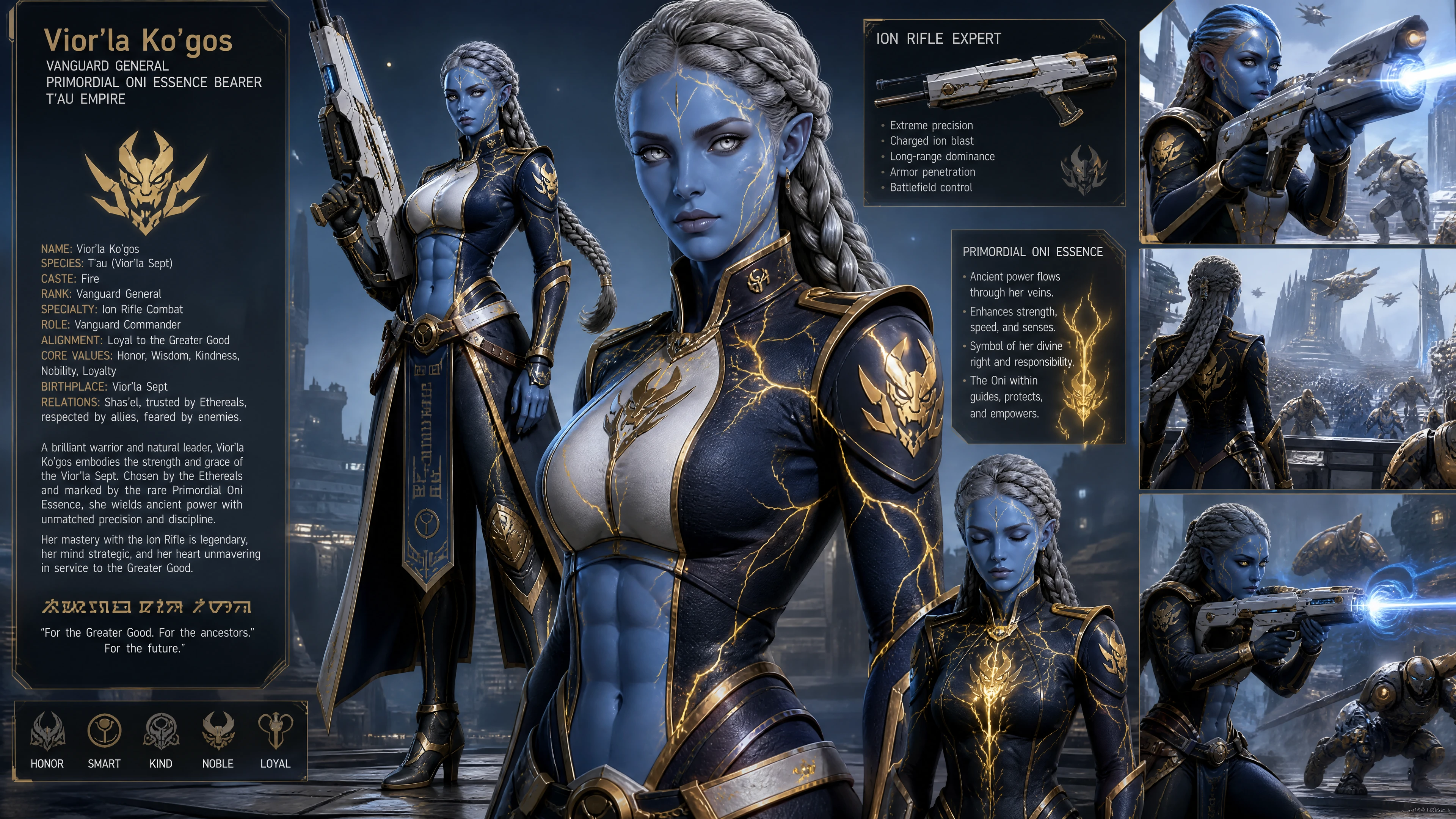 Blue sci fi woman warrior with glowing oni veins