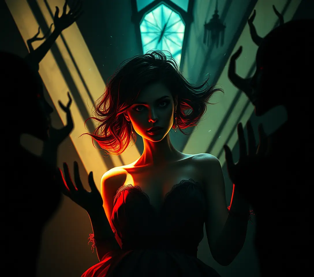Mujer surrealista en un mundo de sombras fracturadas de comedia negra