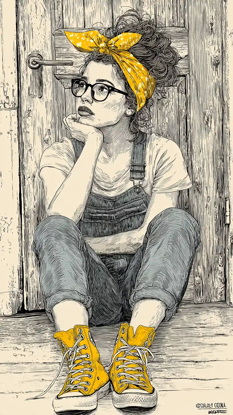 Pensive woman in ink sketch sitting in rustic doorway