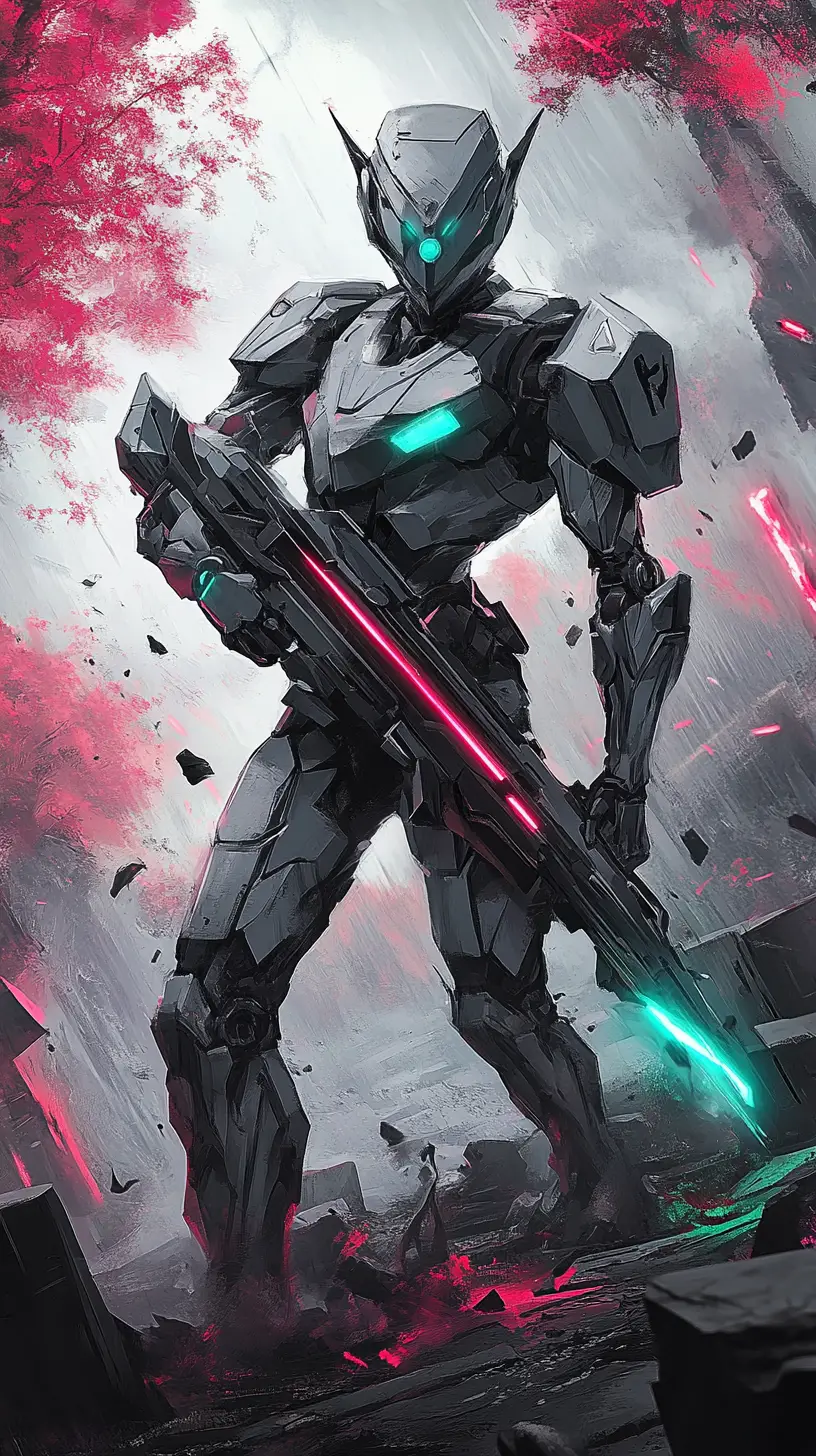 Futuristic combat robot charging across a neon lit battlefield
