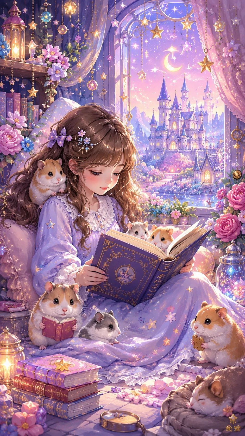 Niña leyendo con hámsters en un mundo de fantasía de ensueño