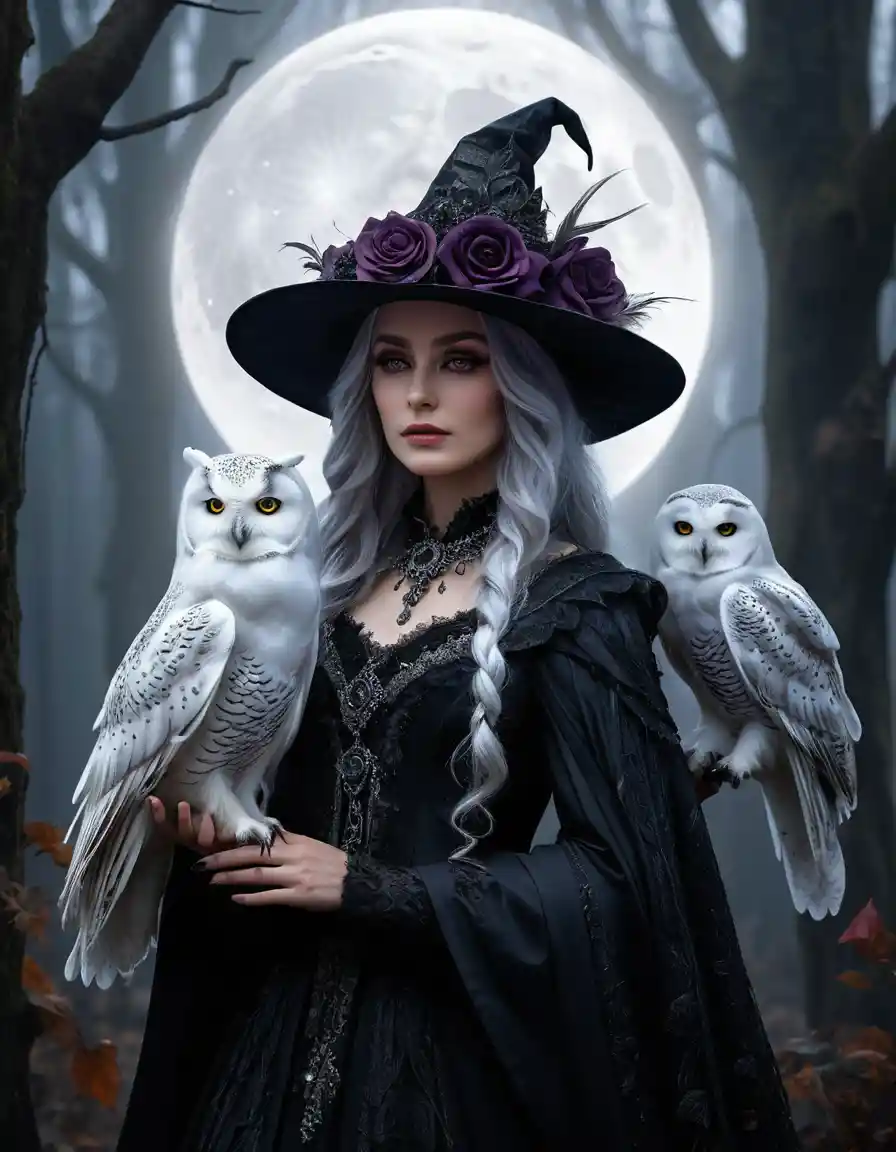Mystical rainbow haired witch with owls in moonlit forest