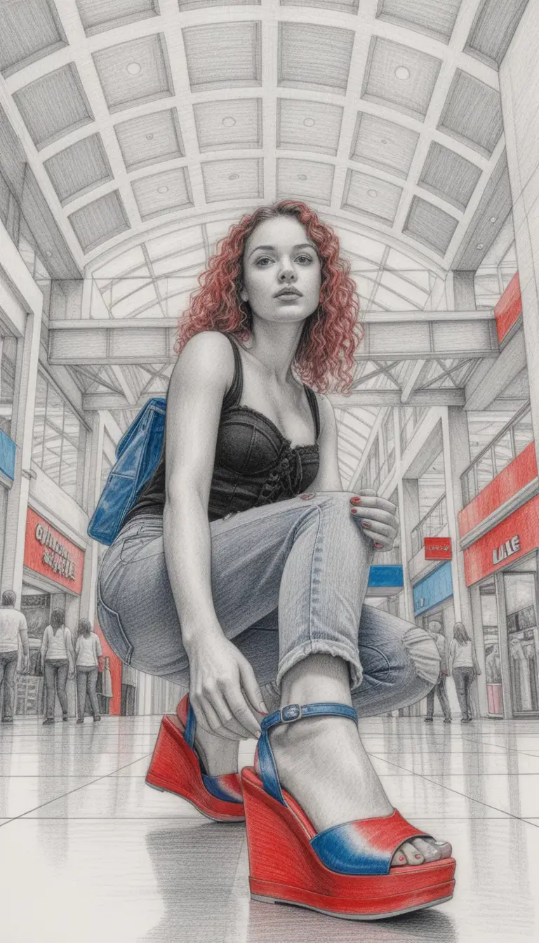 Young woman crouching in a mall from a low angle