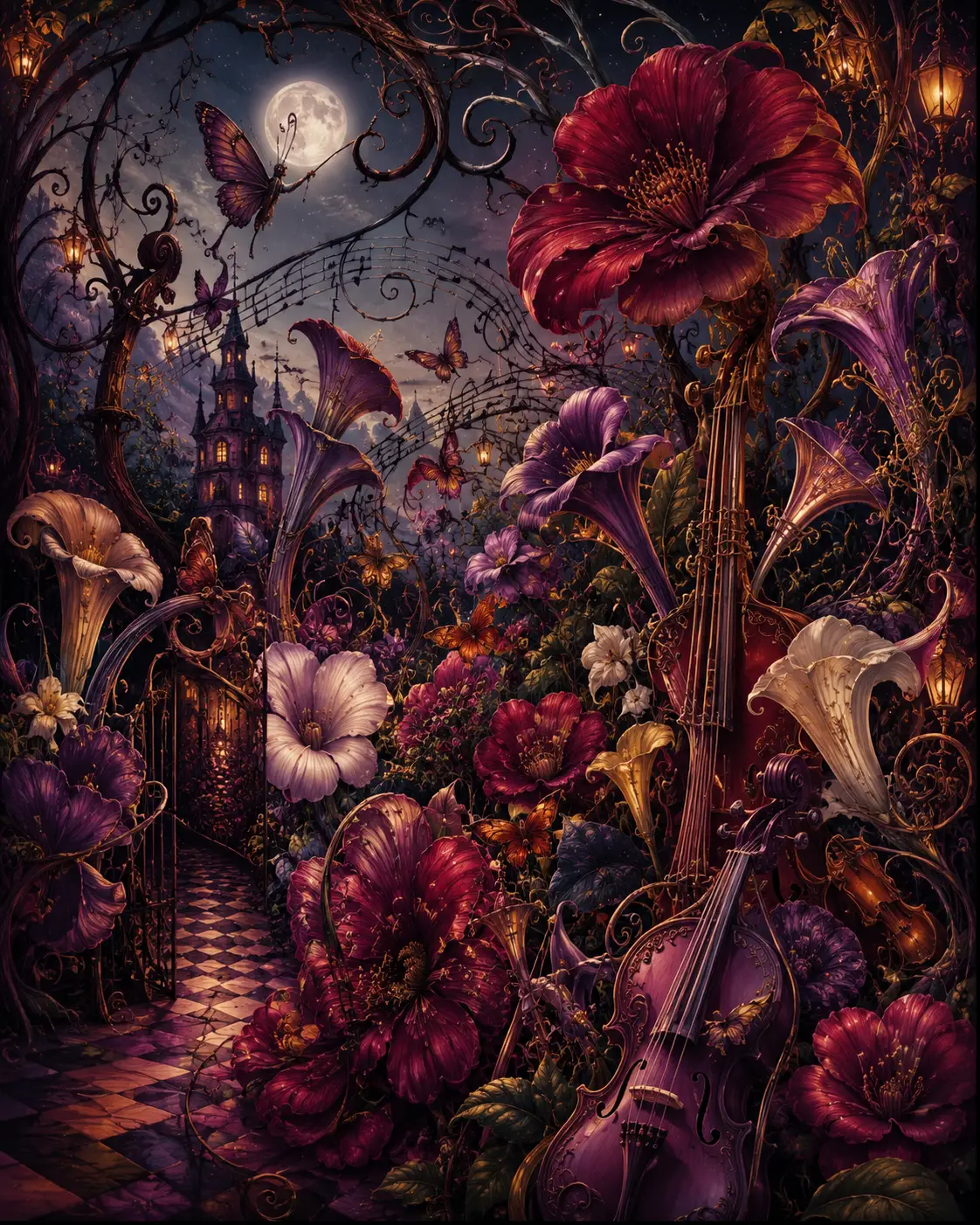 Gigantic musical flowers in a moonlit fantasy garden