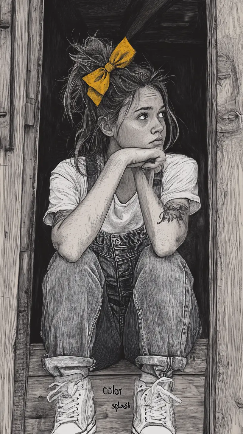 Pensive girl in overalls sitting in a rustic doorway
