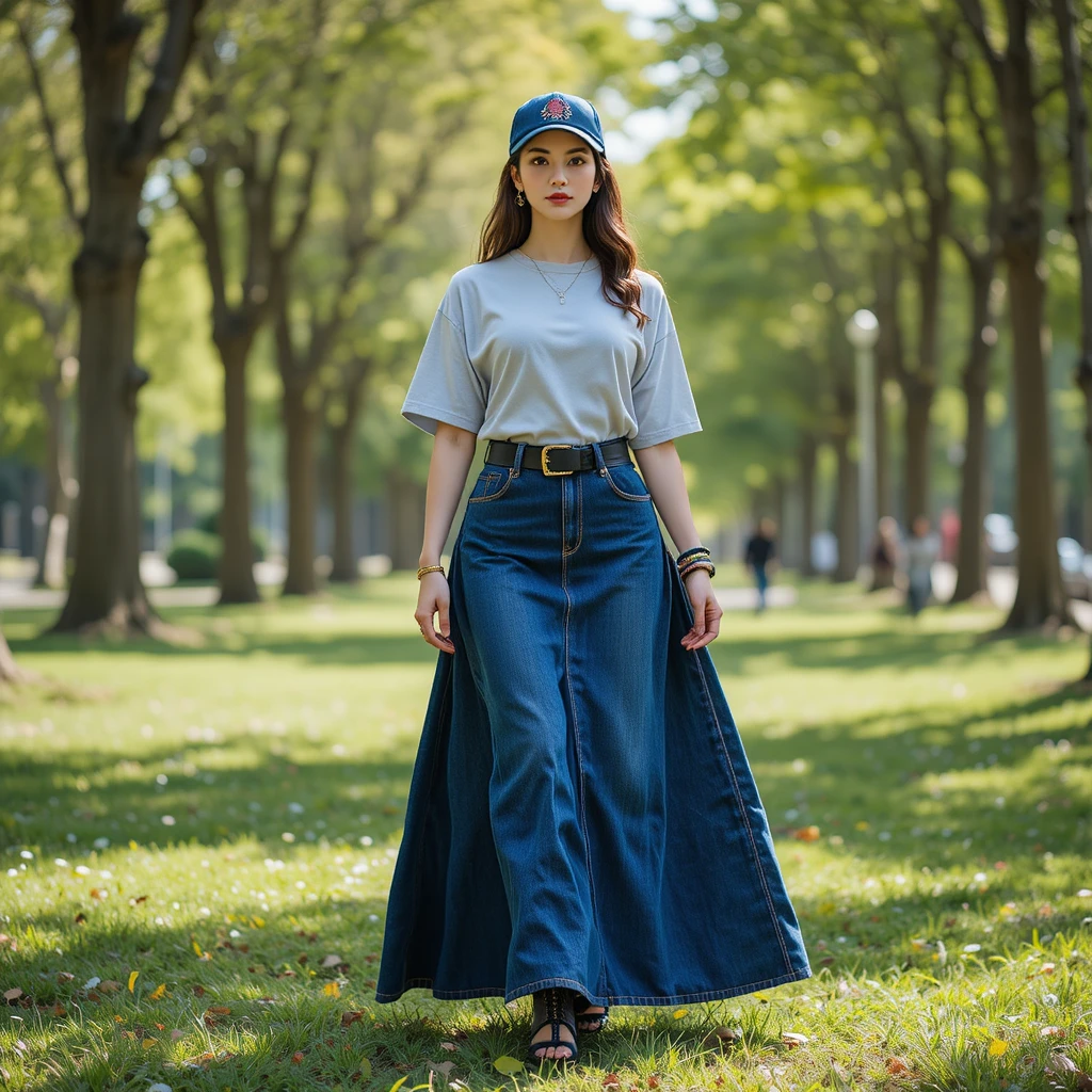 デニムマキシスカートをはいたフランス人女性が公園を歩く姿