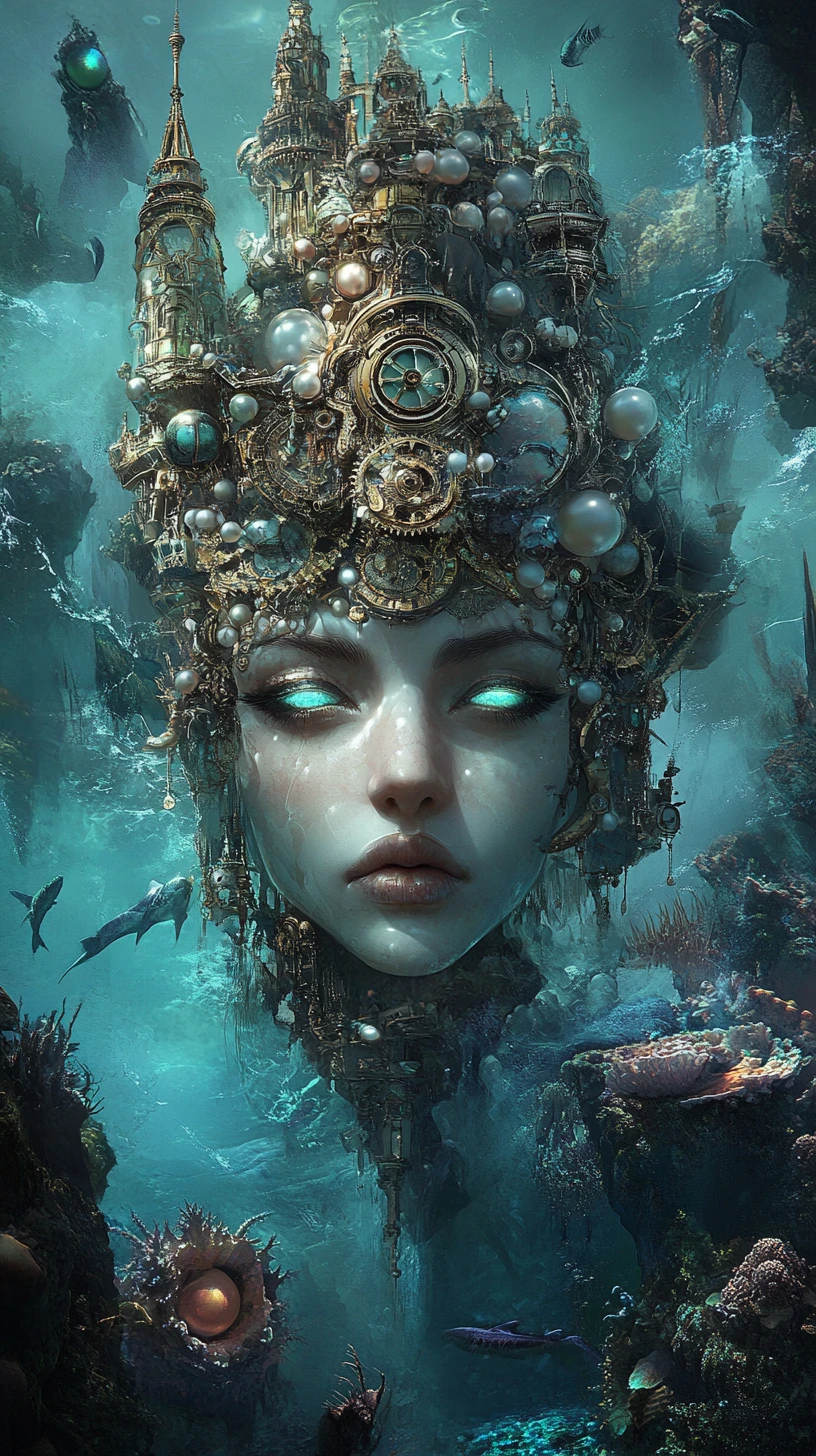 Siren queen on an enchanted island of coral and brass