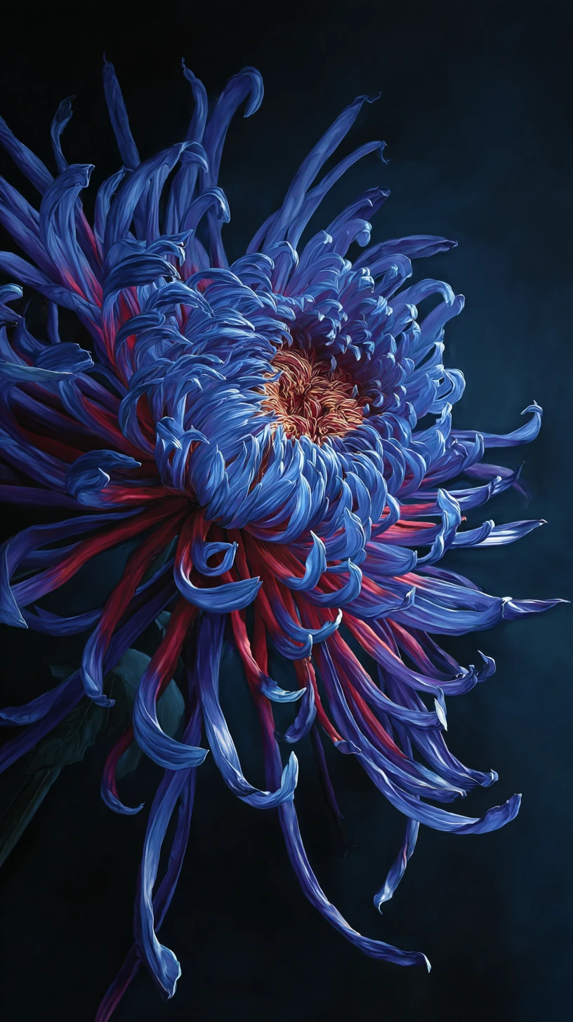 Vibrant chrysanthemum close up in dramatic dark painting