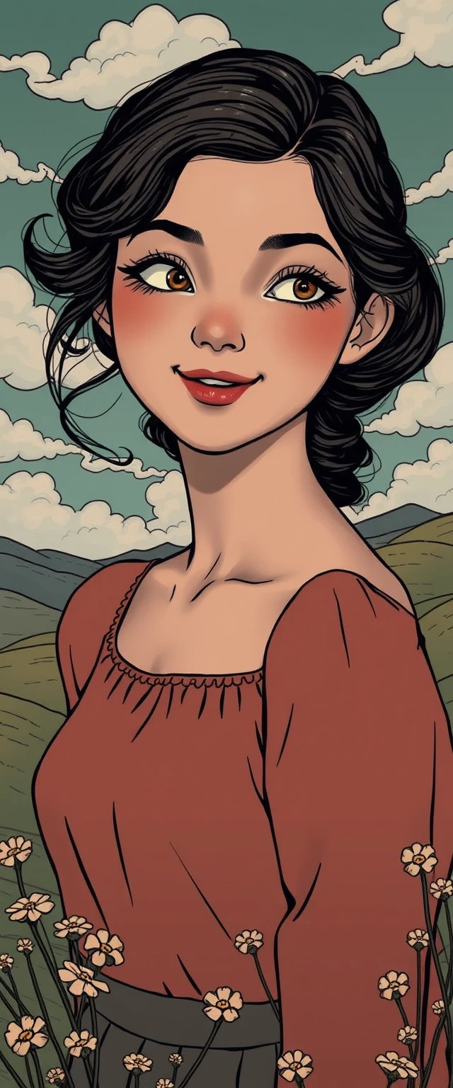 Young woman in a nostalgic pastel dreamscape illustration