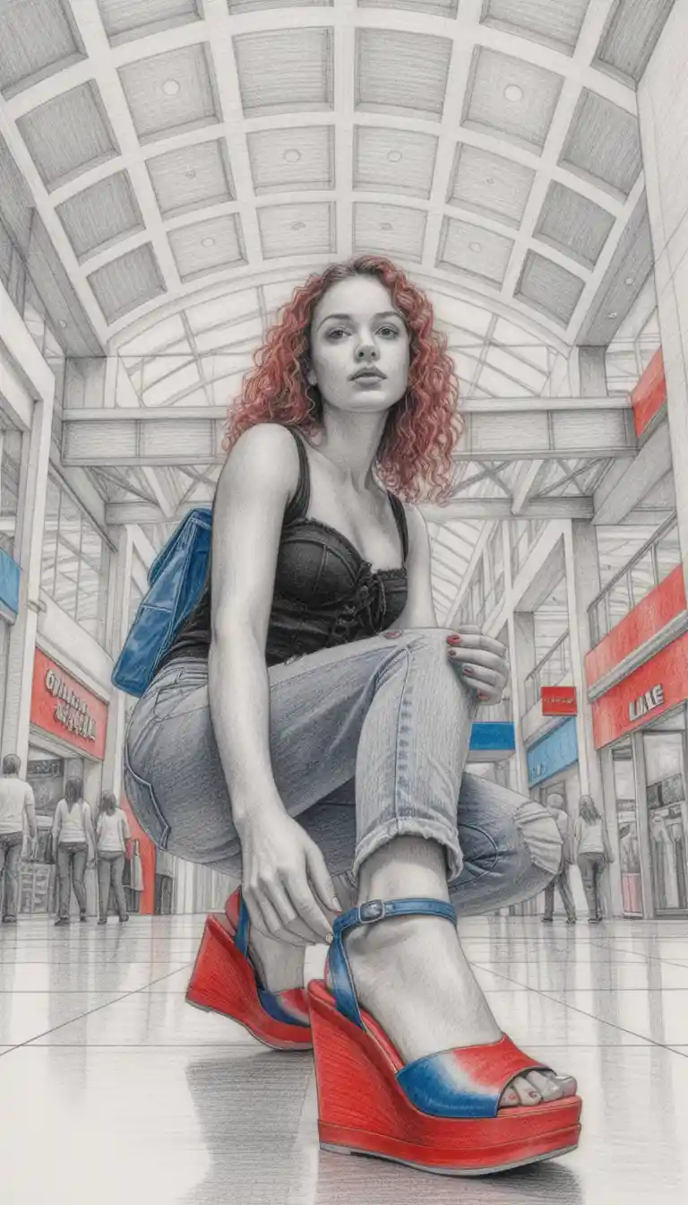 Young woman crouching in a mall from a low angle