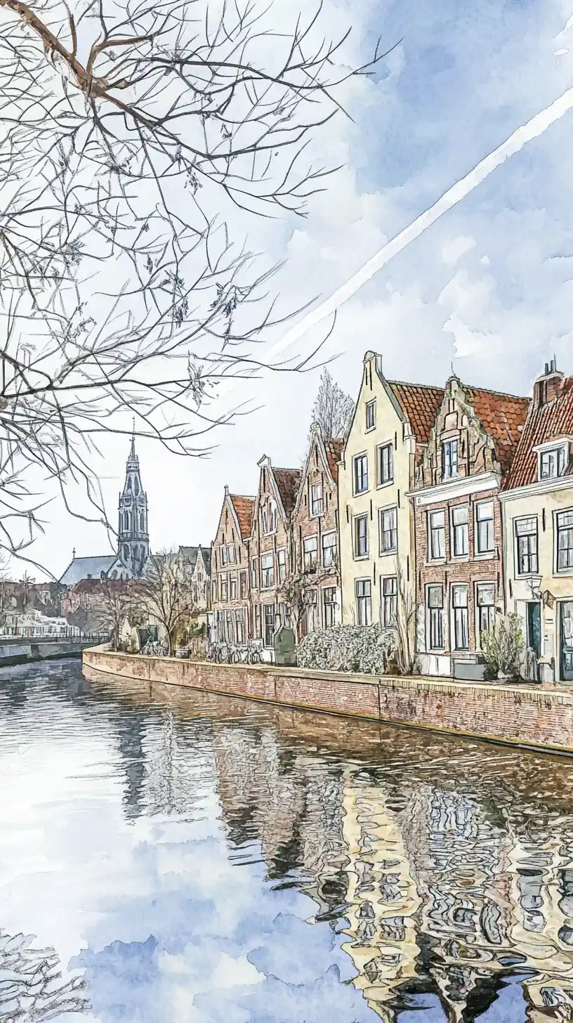 Historic Dutch riverside town in soft mixed media illustration