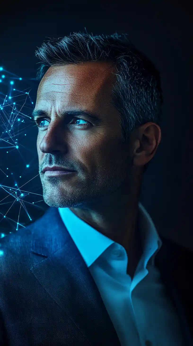 Executive portrait shaped by flowing financial data contours