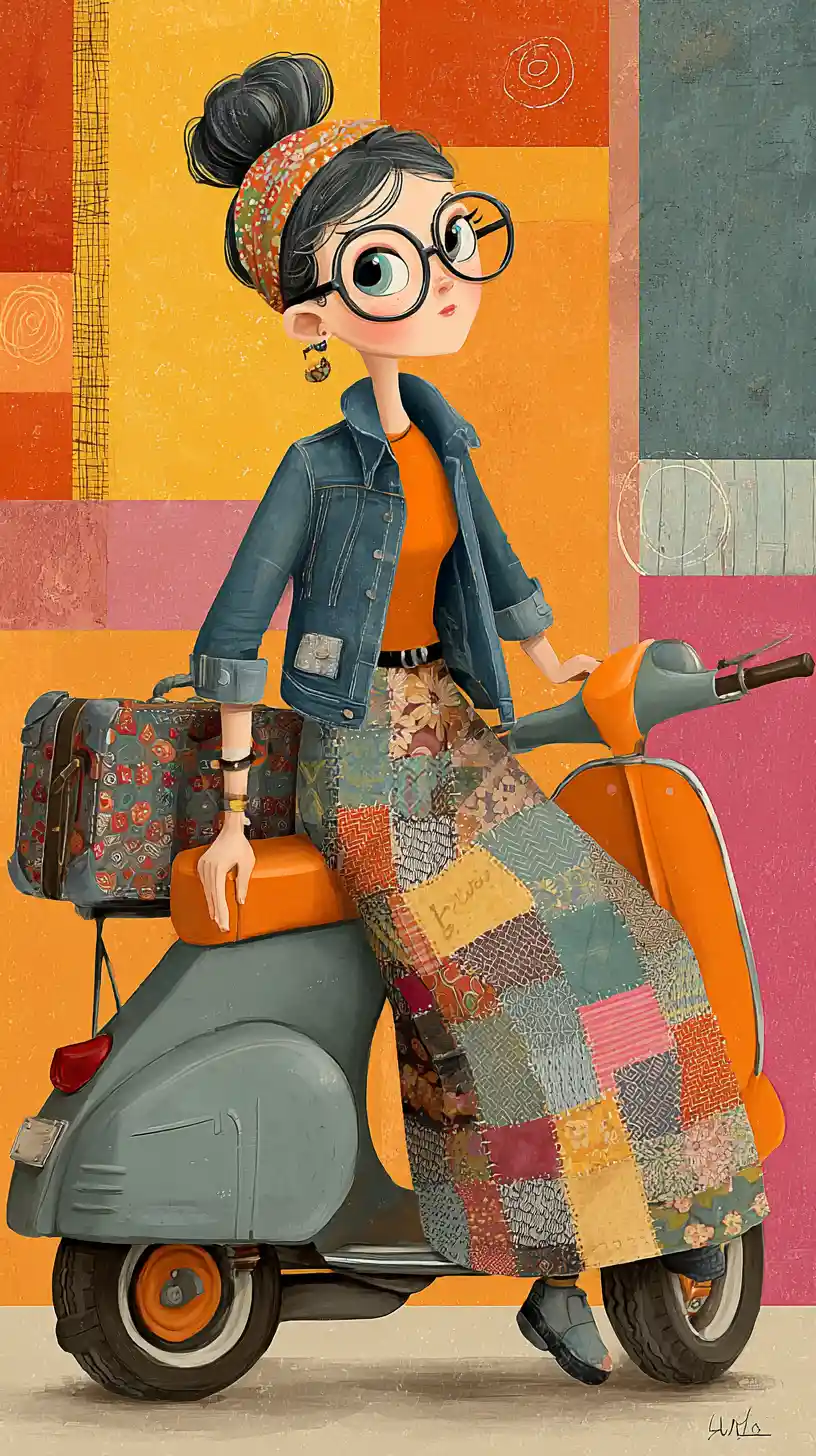 Whimsical girl on vintage scooter in colorful collage scene