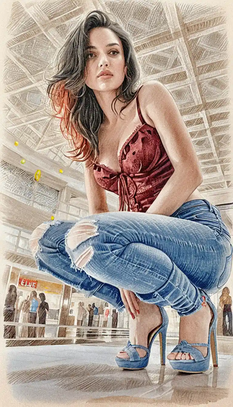 Young woman crouching in a mall seen from low angle