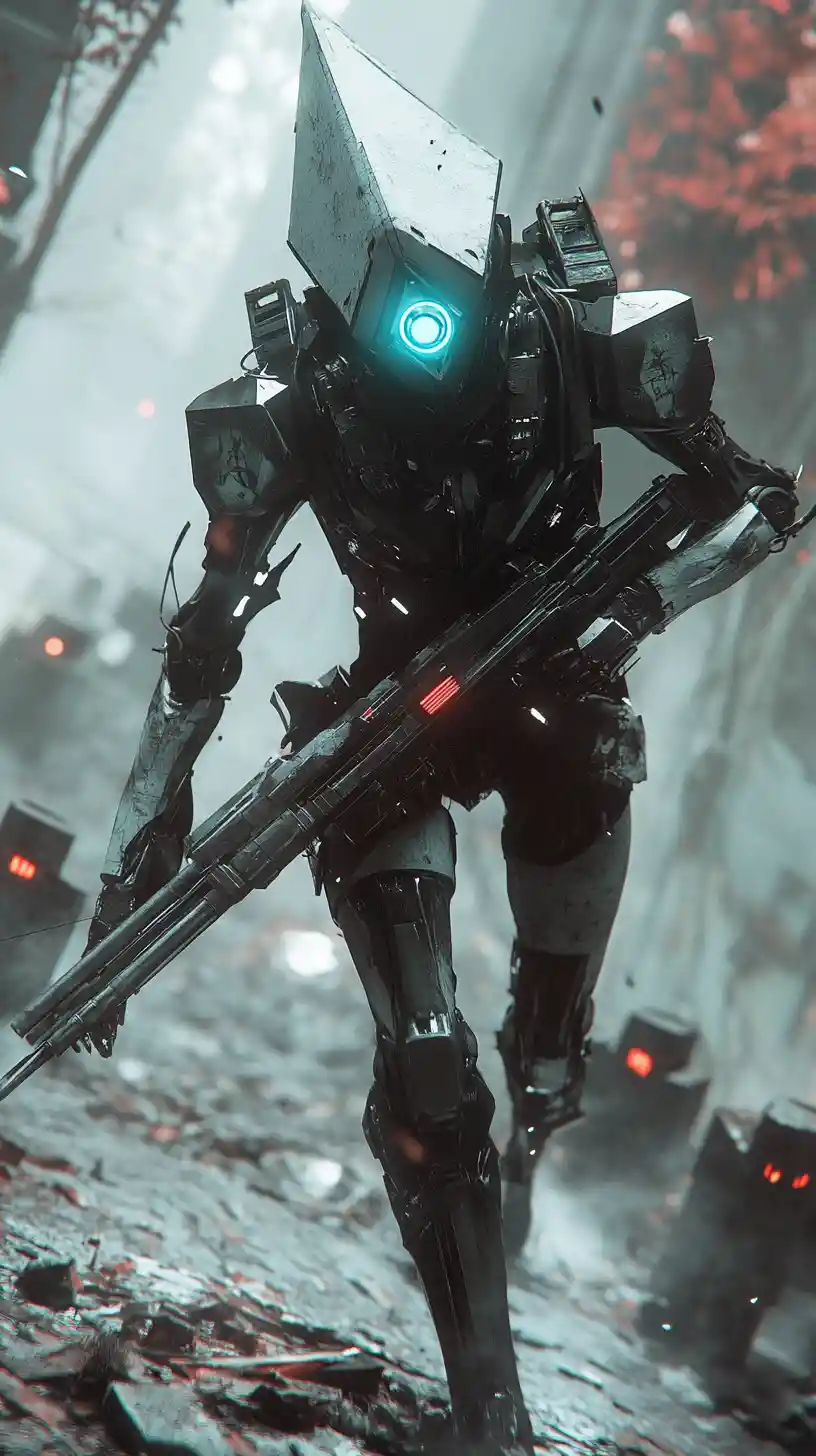 Futuristic battle robot running across a war torn field