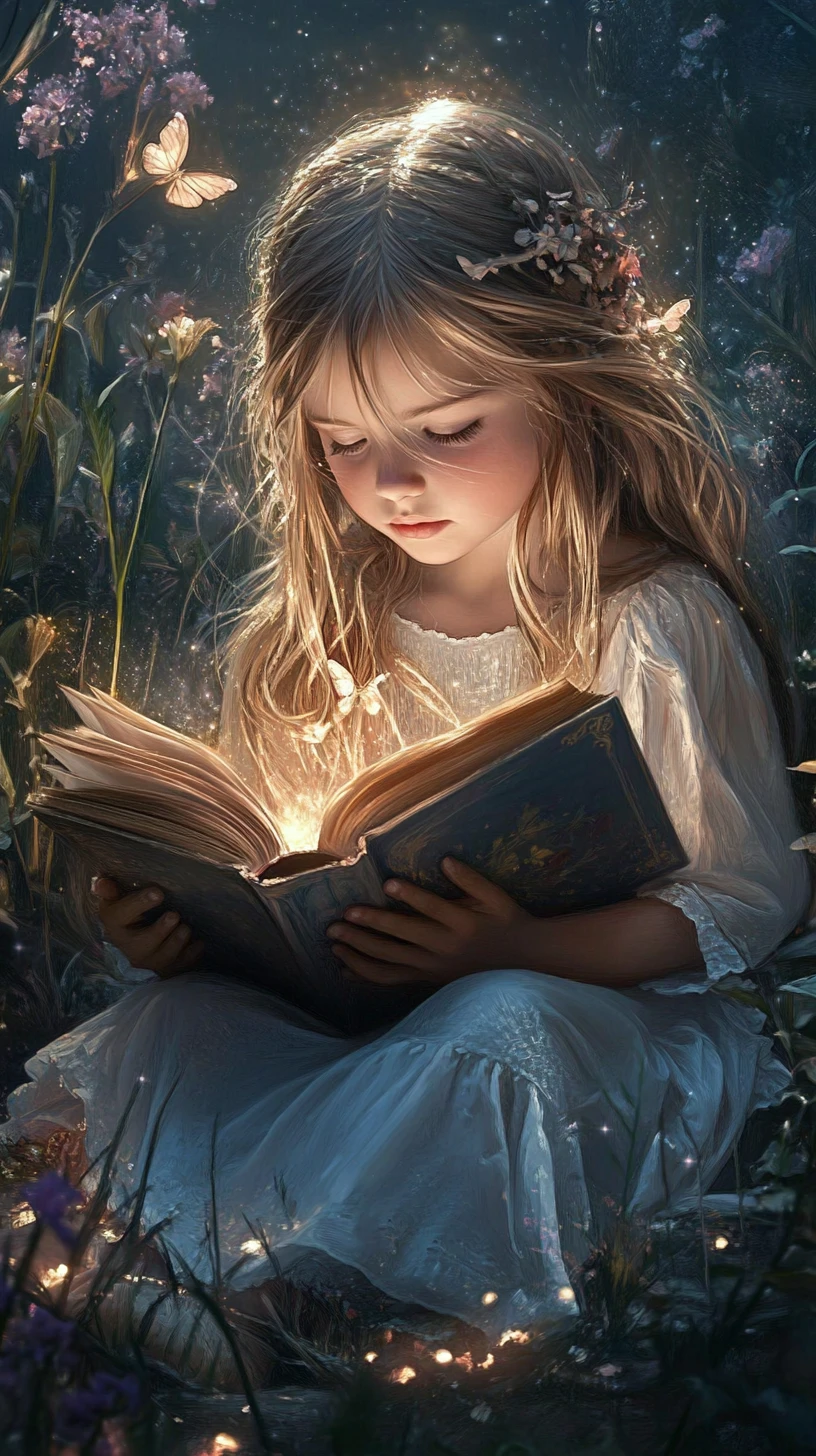 Young girl reading with hamsters in pastel fantasy world