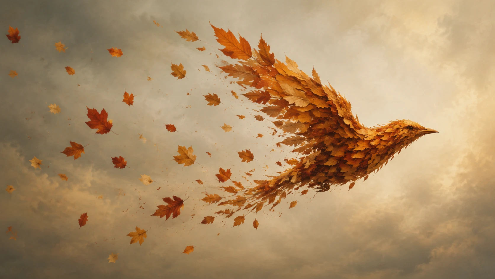 Autumn leaves transforming into the shape of a flying bird