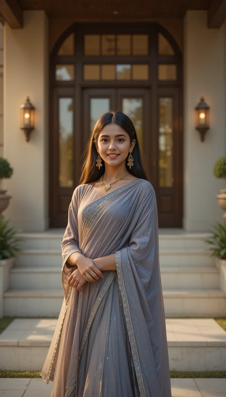 Elegant Indian woman at modern luxury house entrance