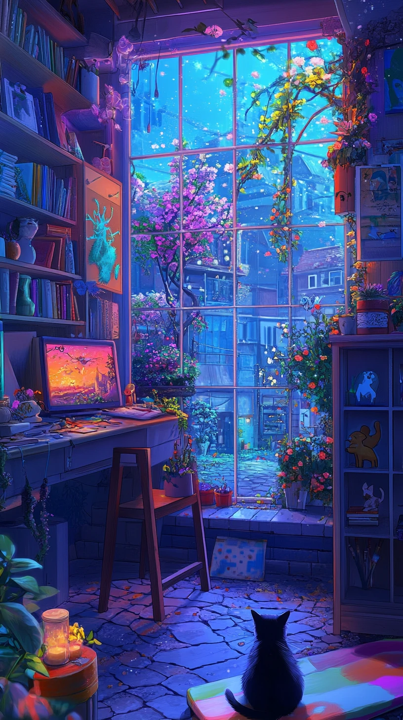 Cozy home office with ginger cat on a bookshelf