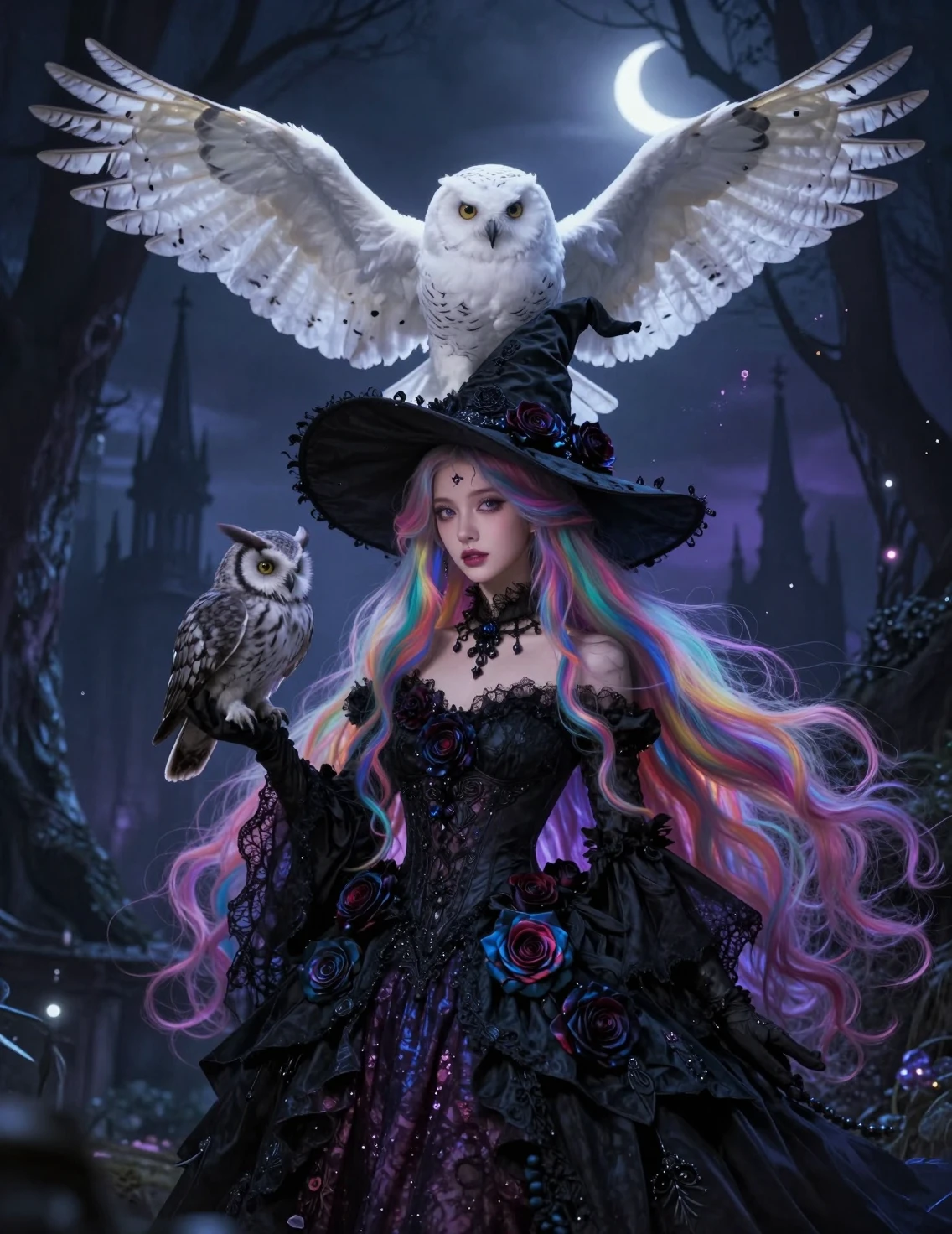 Mystical witch with owls in a moonlit enchanted forest