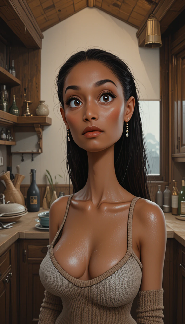 Brunette woman posing in a rustic chalet kitchen