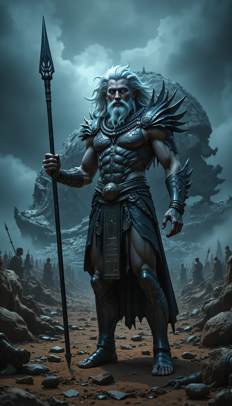 Defiant warrior king standing on an ancient mythic battlefield