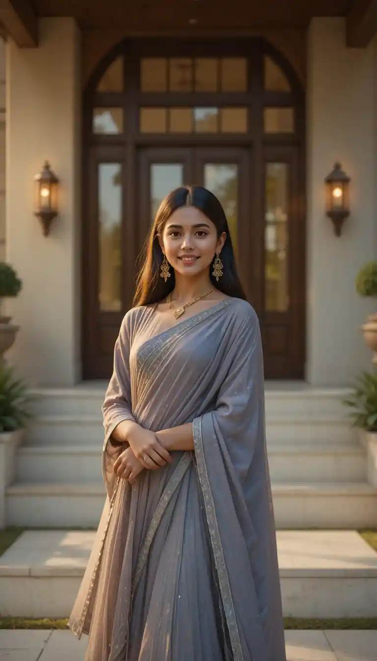 Elegant Indian woman at modern luxury house entrance