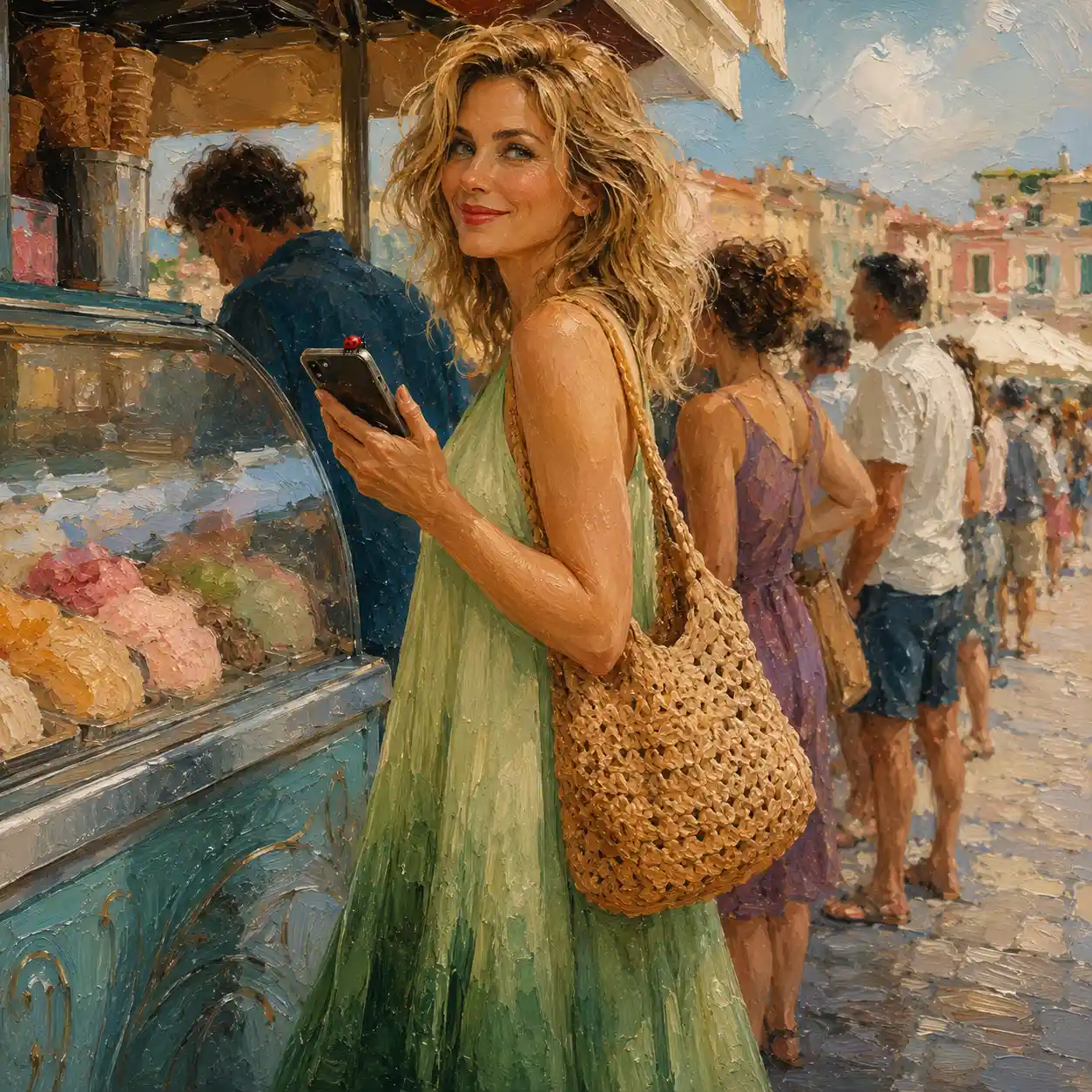 Woman in green dress waiting at summer street ice cream stand