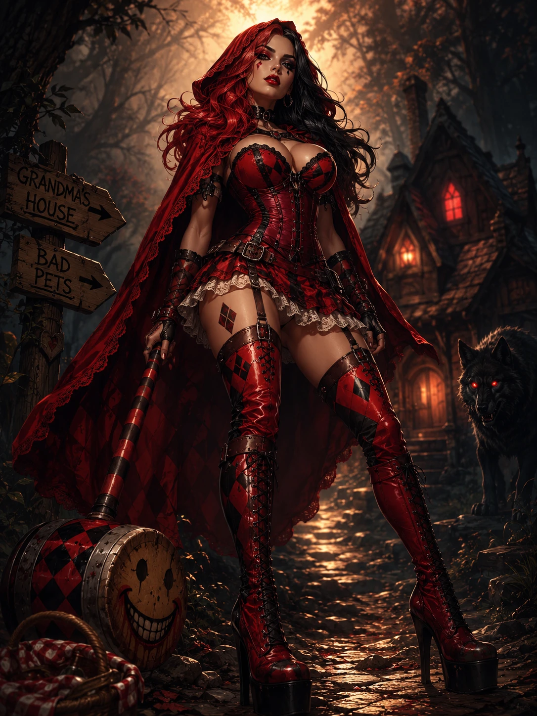 Dark fantasy woman with mallet on forest path
