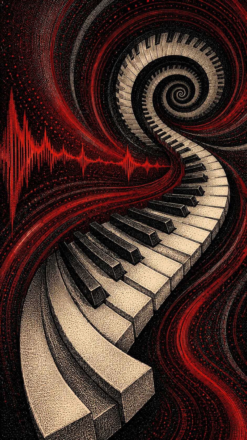Piano Keys Flowing Into Spiraling Optical Patterns