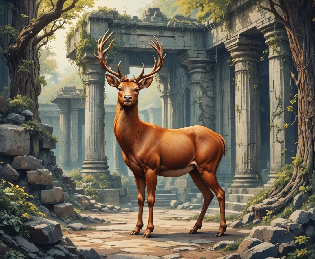 Majestic red deer in overgrown ancient temple ruins