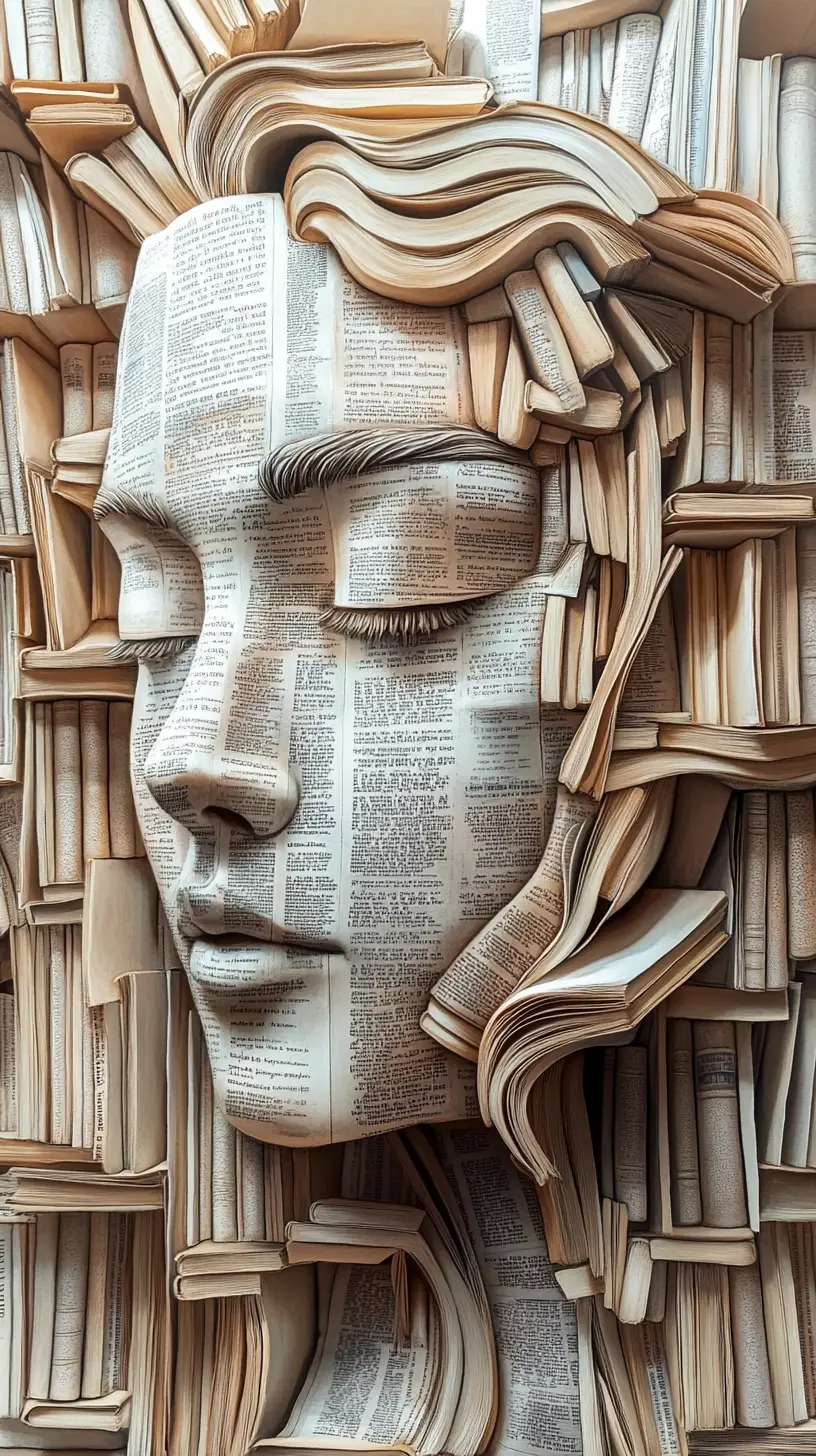Surreal human face sculpted entirely from stacked books