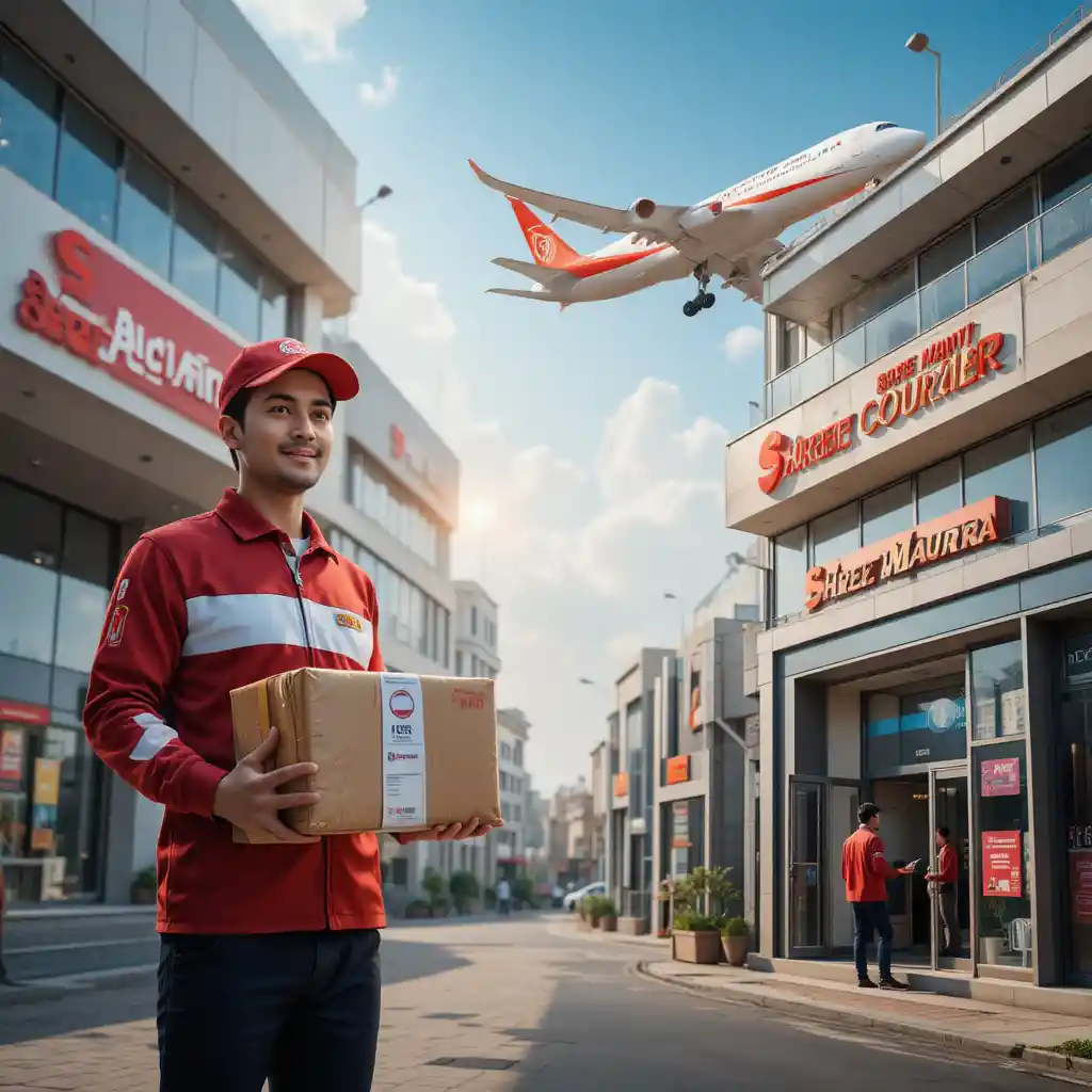 Courier handing parcel outside modern delivery office