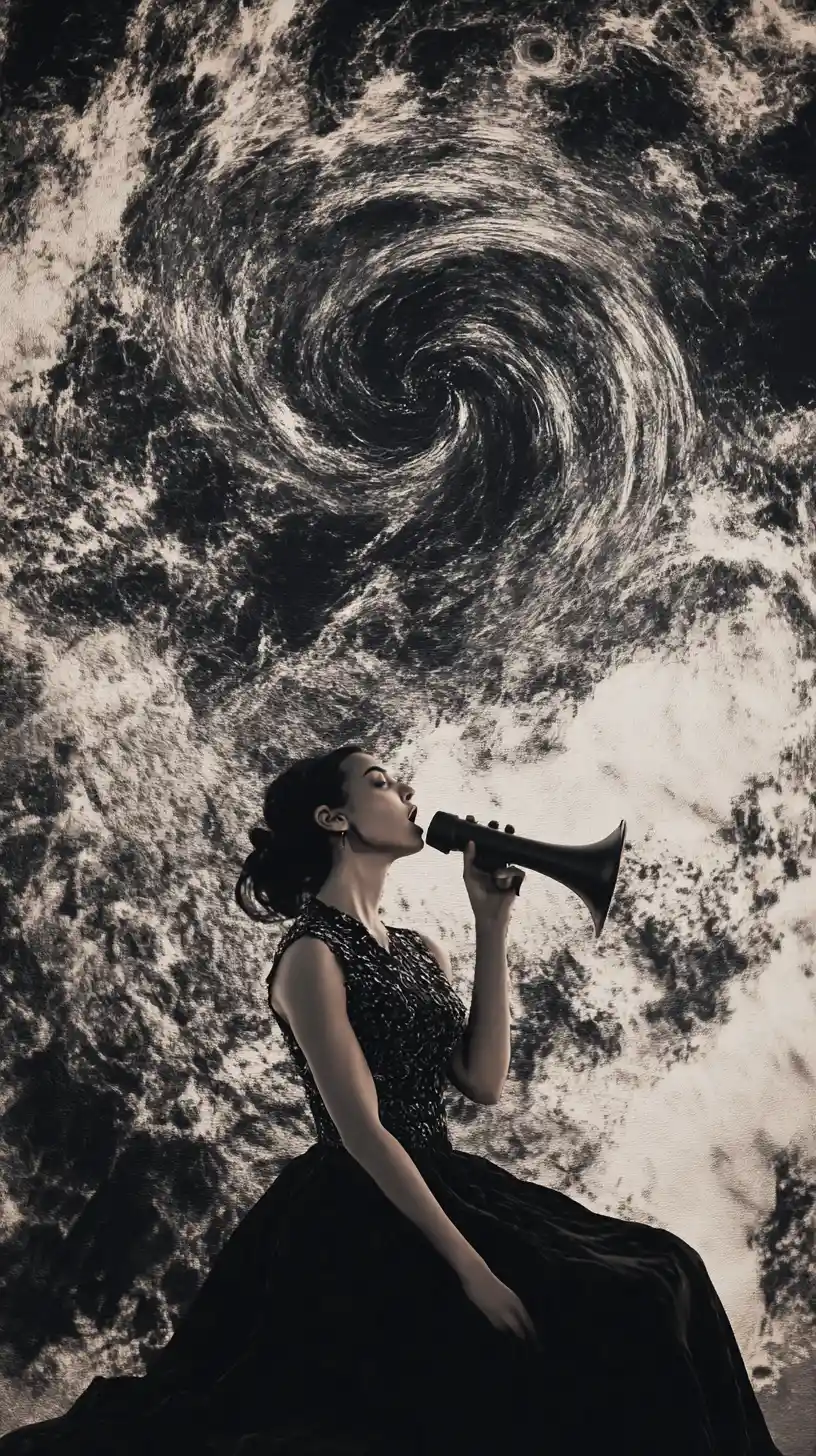 Woman shouting into a megaphone in a noisy scene