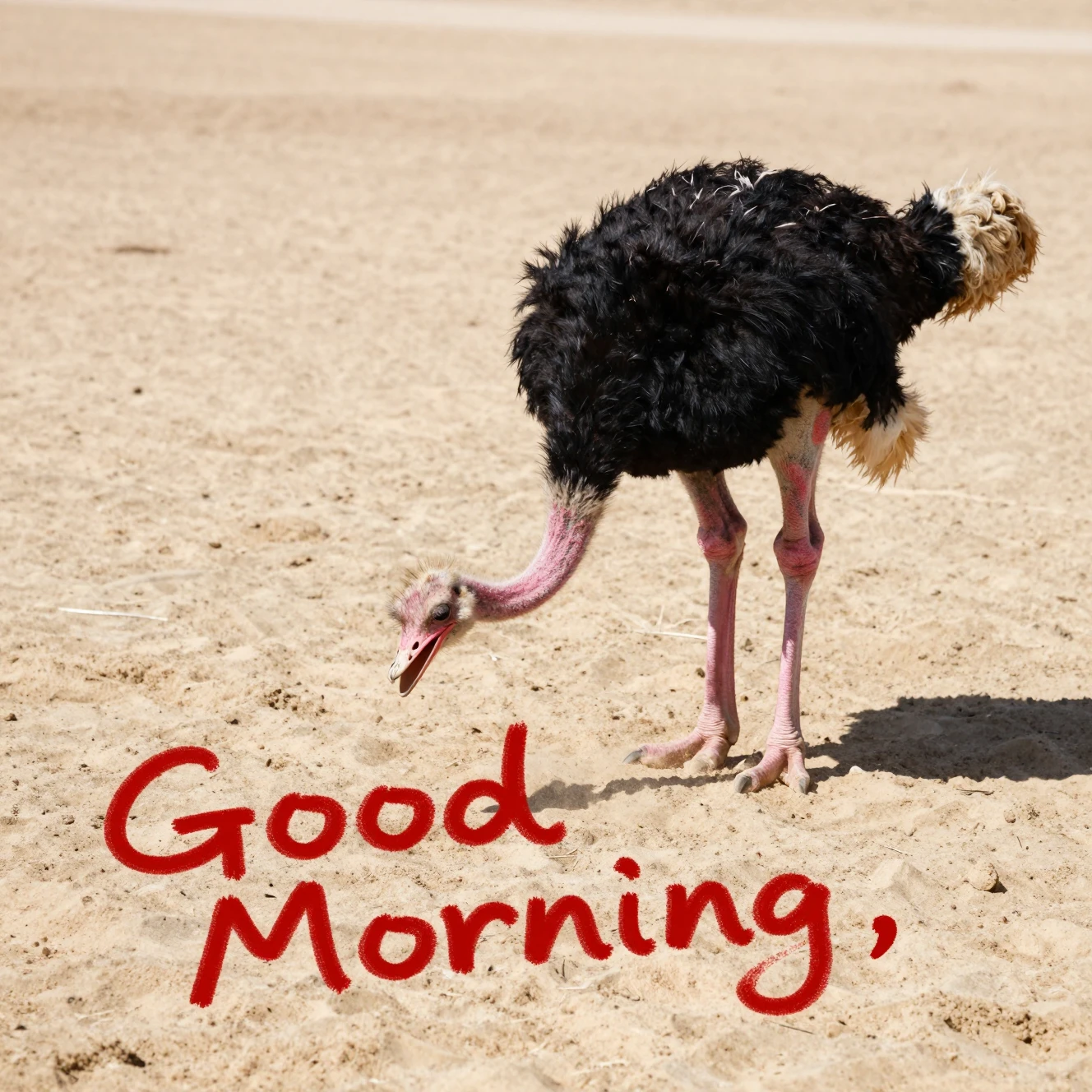 Cartoon ostrich lifting its head from the sand with text