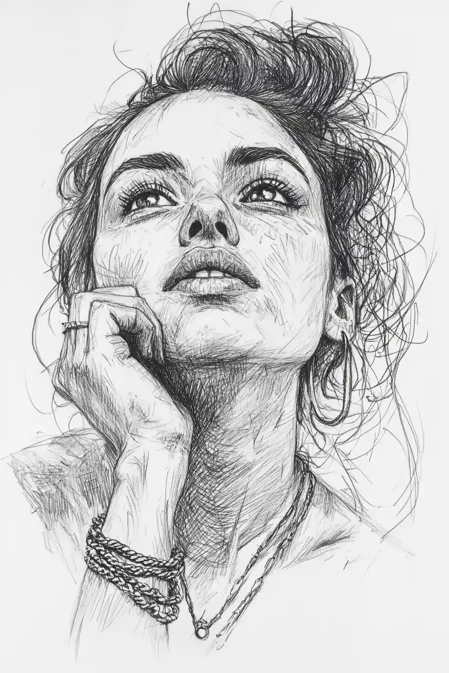 Thoughtful ink portrait of a woman with hand to her lips