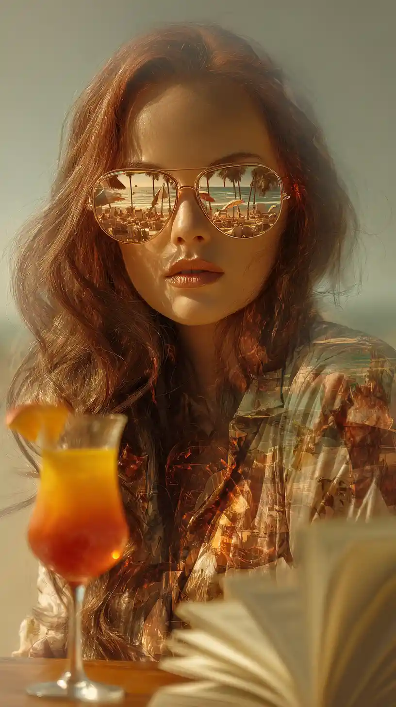 Woman with beach reflection in sunglasses and cocktail