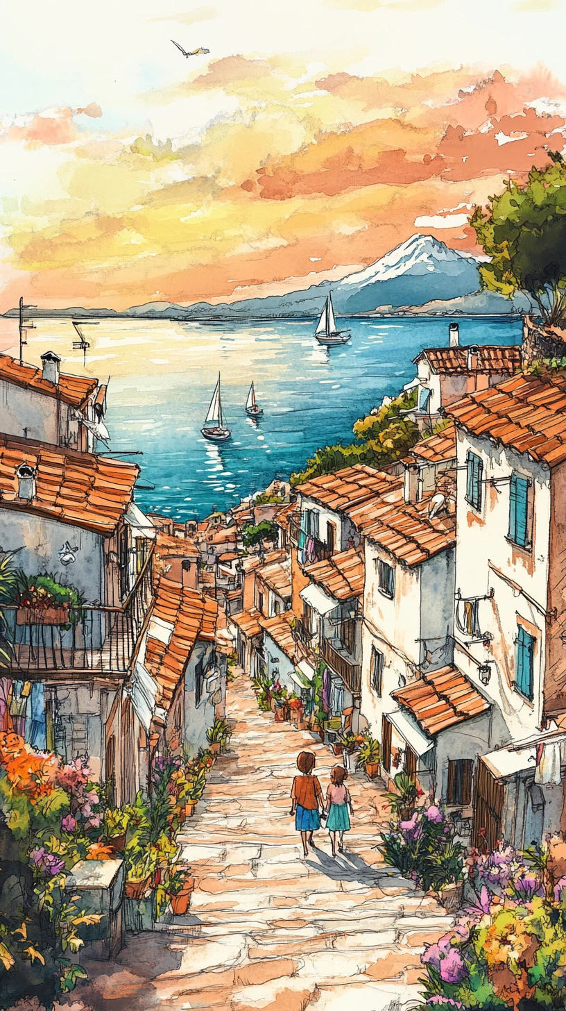 Watercolor hillside village path leading to a tranquil sea