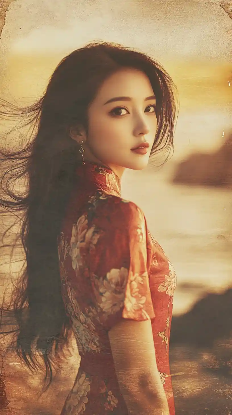 Elegante donna in qipao rosso al tramonto sull’oceano