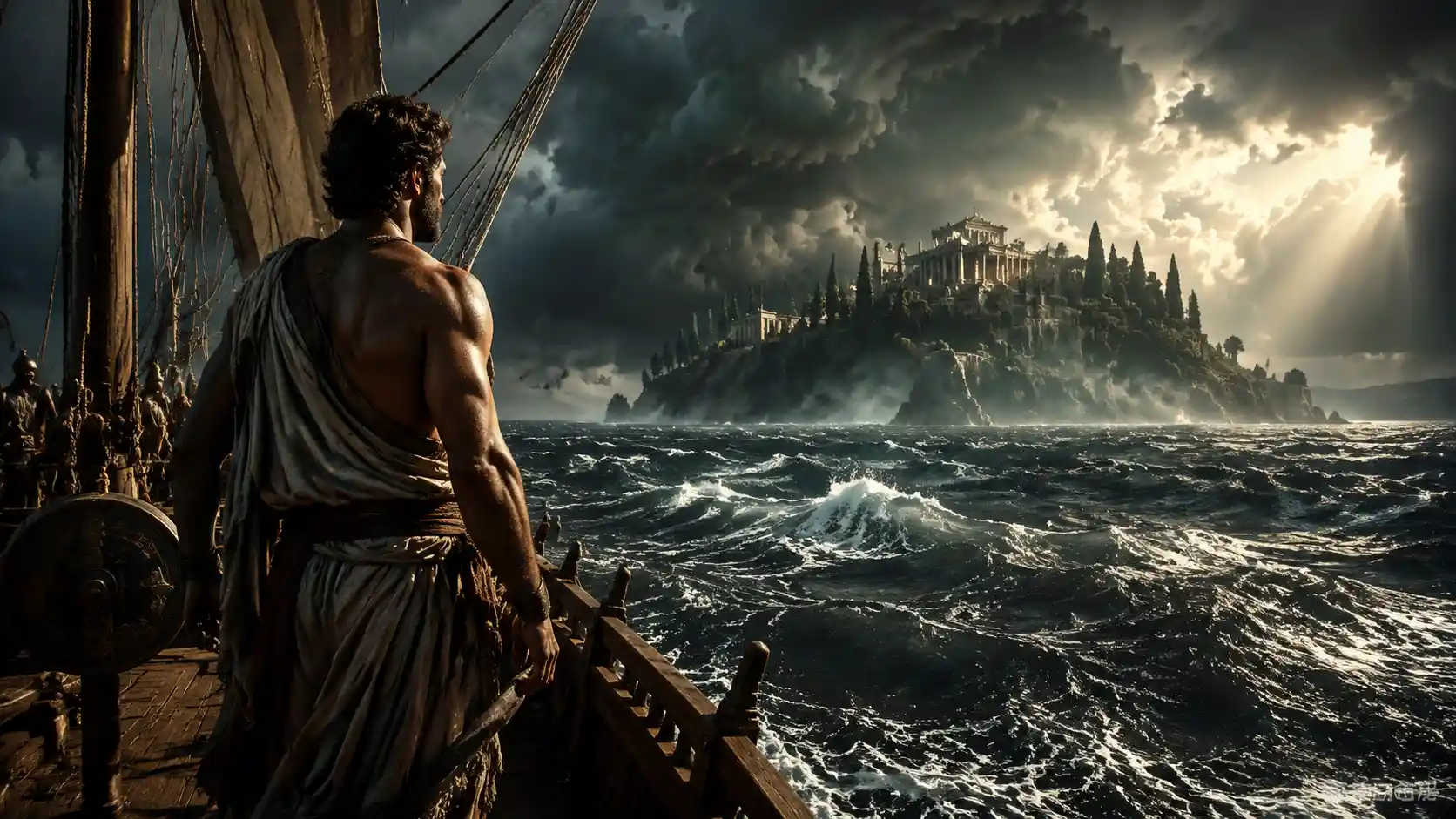 Odysseus watching a stormy sea from his wooden ship