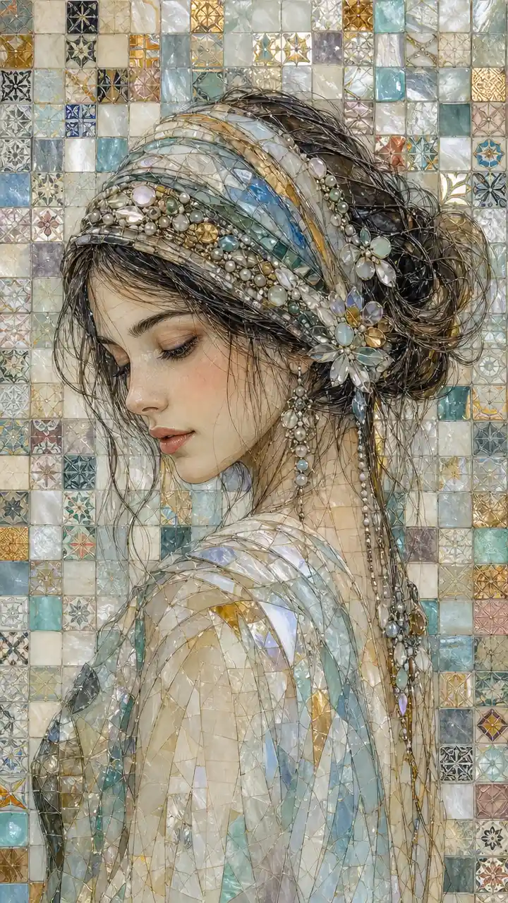Close up boho lady with ornate oriental mosaic tiles