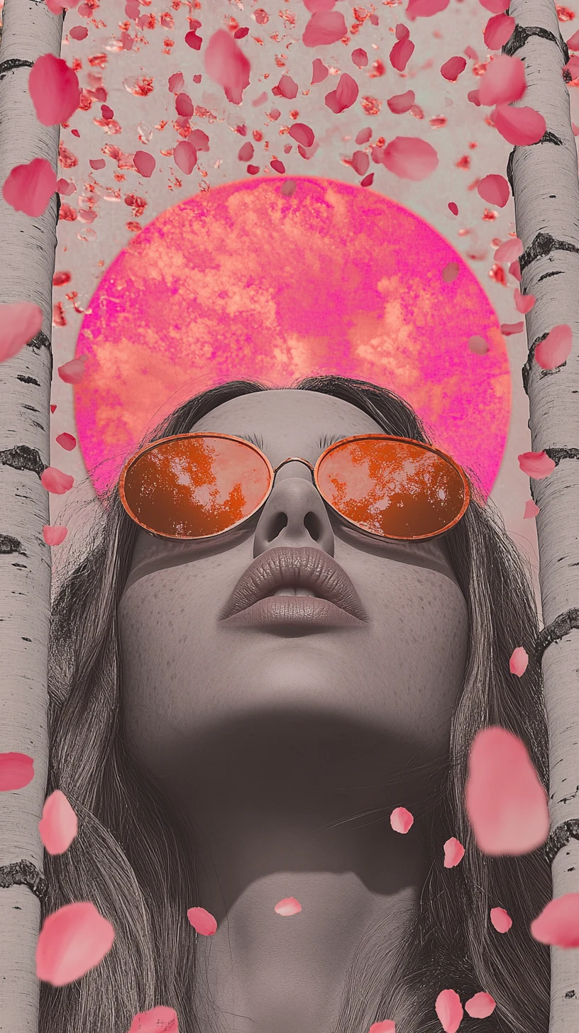 Whimsical surreal woman beneath cascading petals and blazing sun