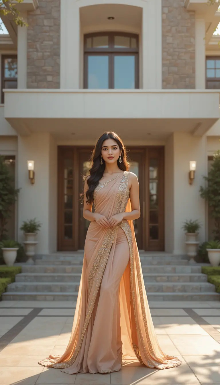 Jeune femme indienne posant à l’entrée d’une maison moderne de luxe
