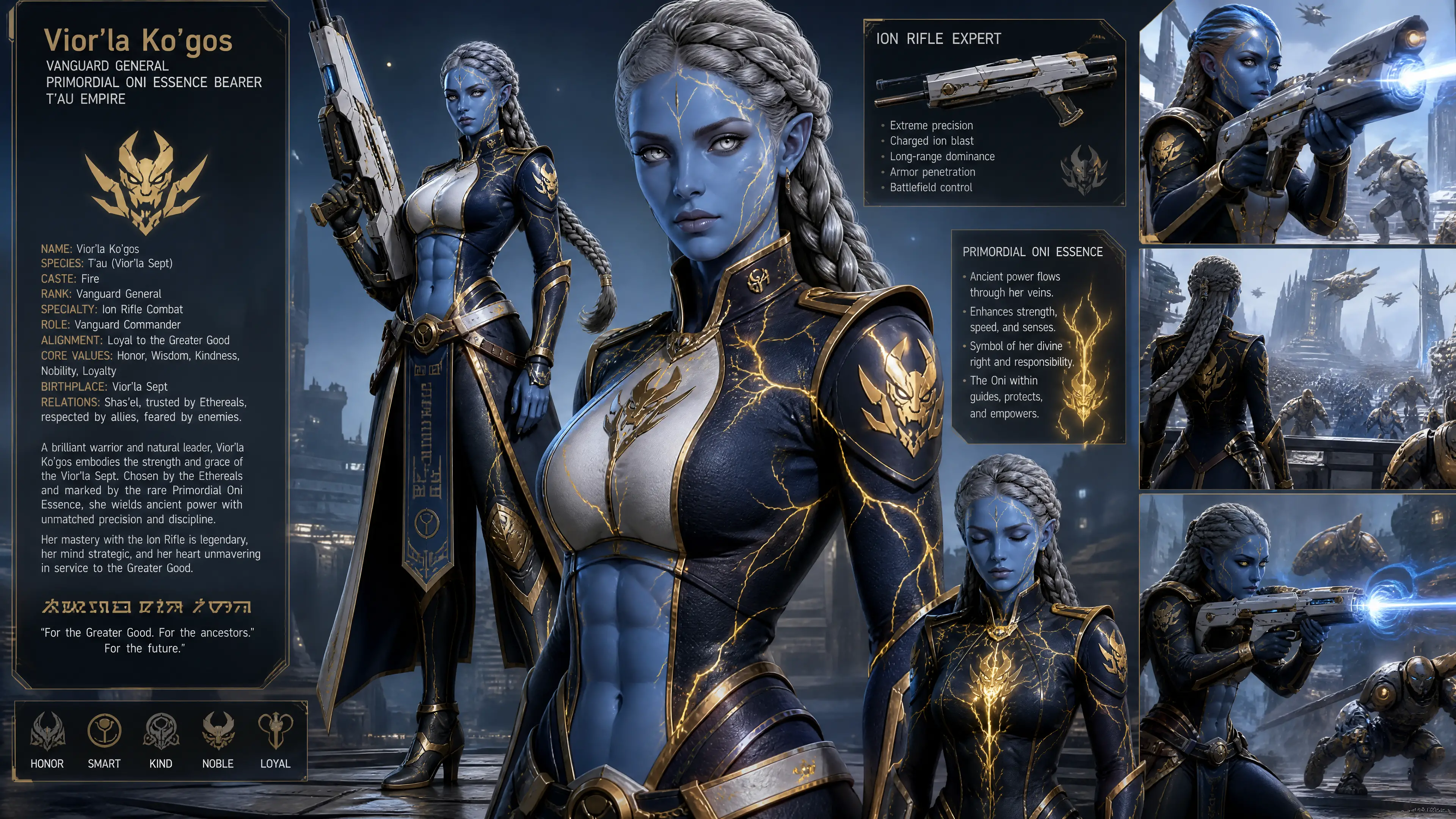Blue sci fi woman warrior with glowing oni veins